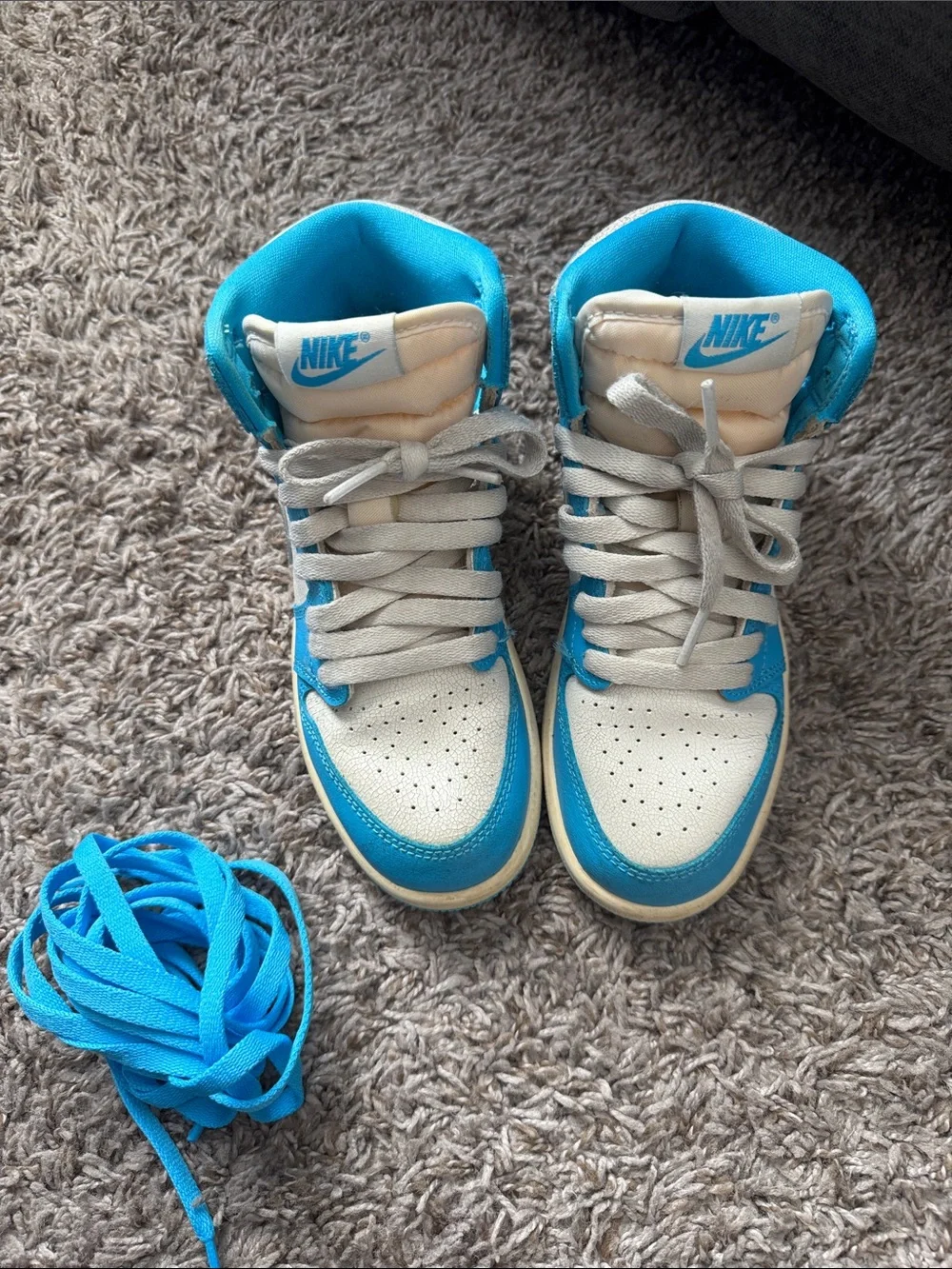 Nike Kids High-Top Sneakers in White and Bright Blue